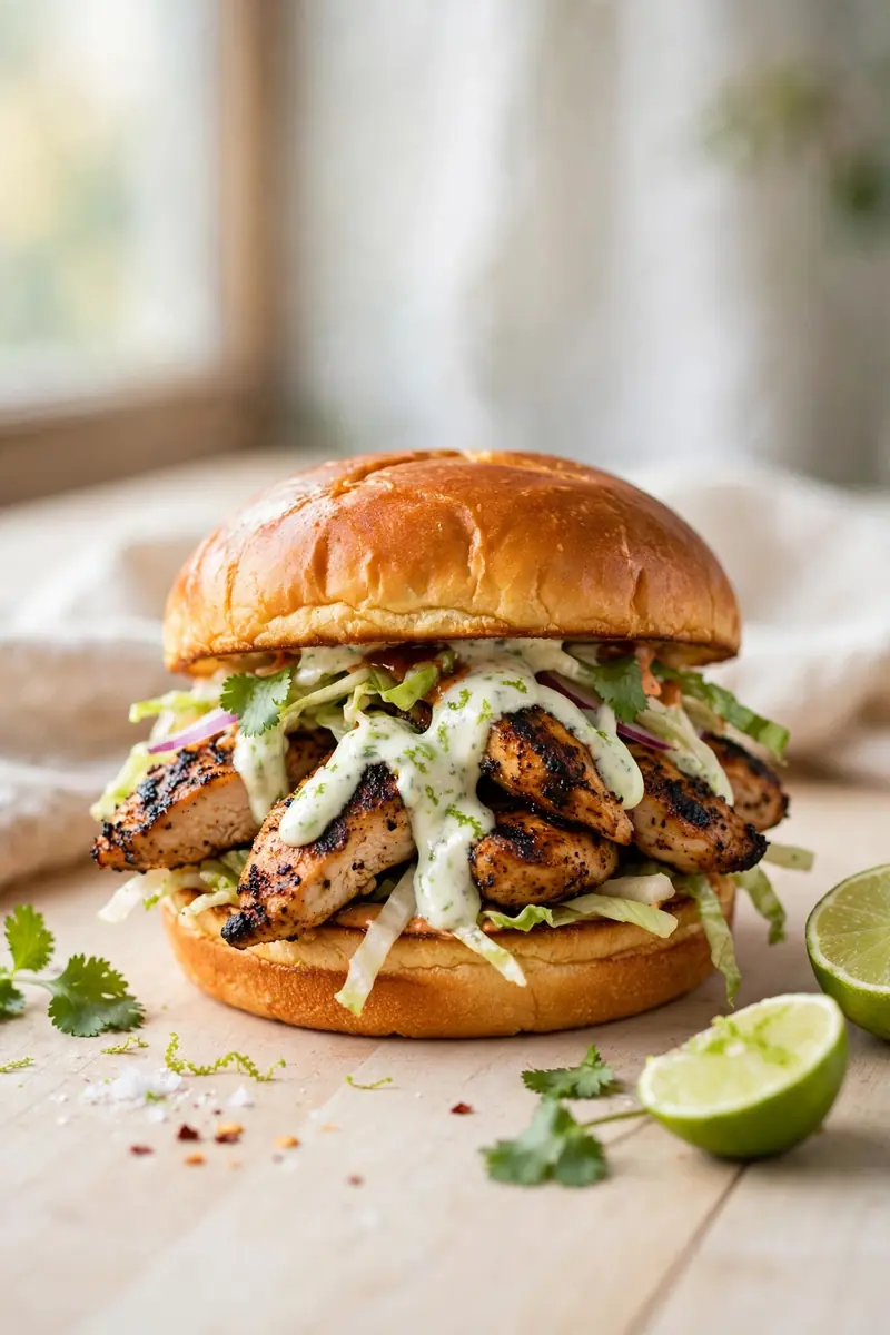Chipotle chicken sandwich with smoky grilled chicken and lime crema on a brioche bun