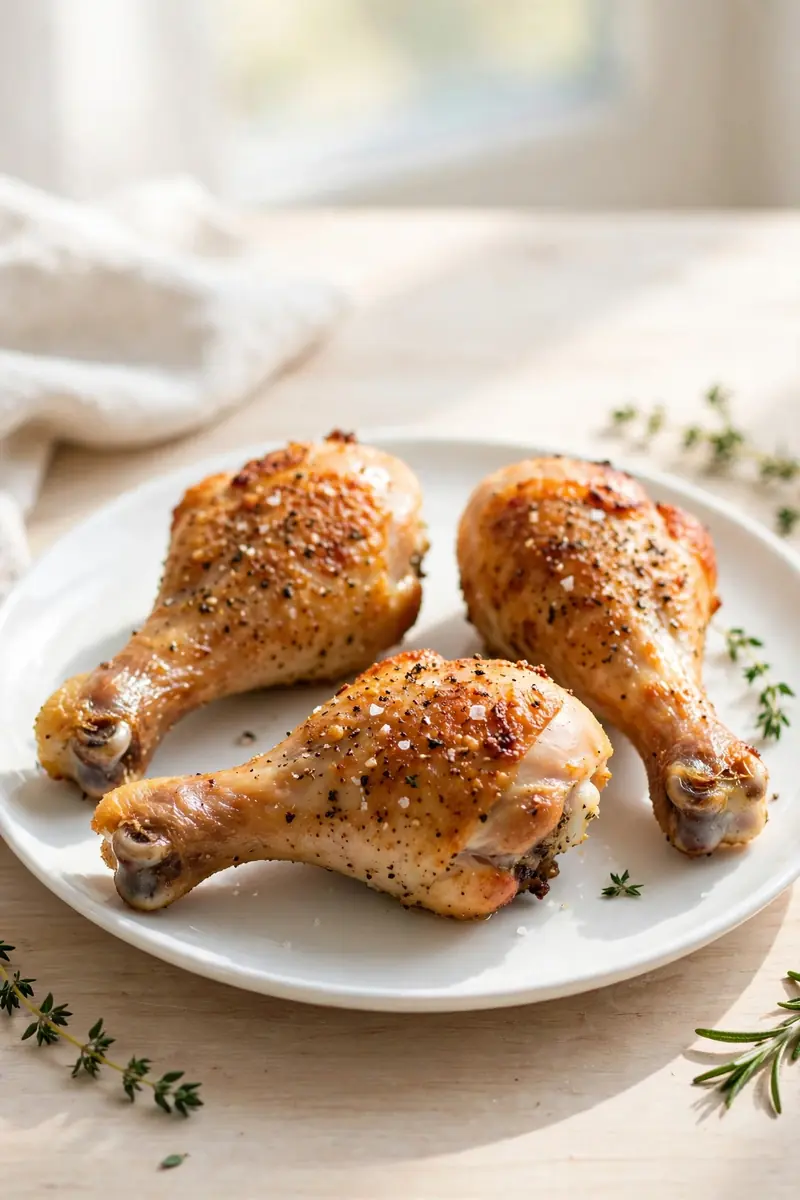 Classic baked chicken legs with golden crispy seasoned skin on a plate