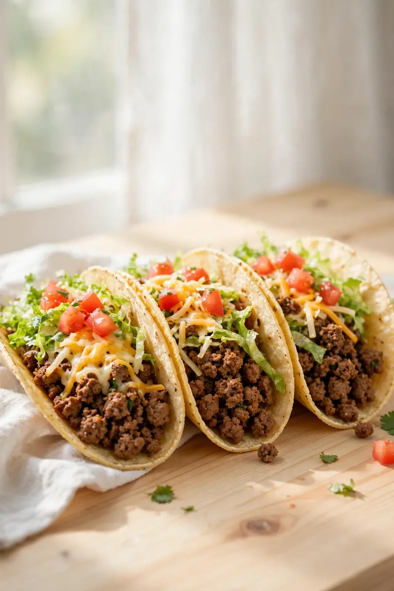 Classic beef tacos with seasoned minced beef, lettuce, tomato and cheese