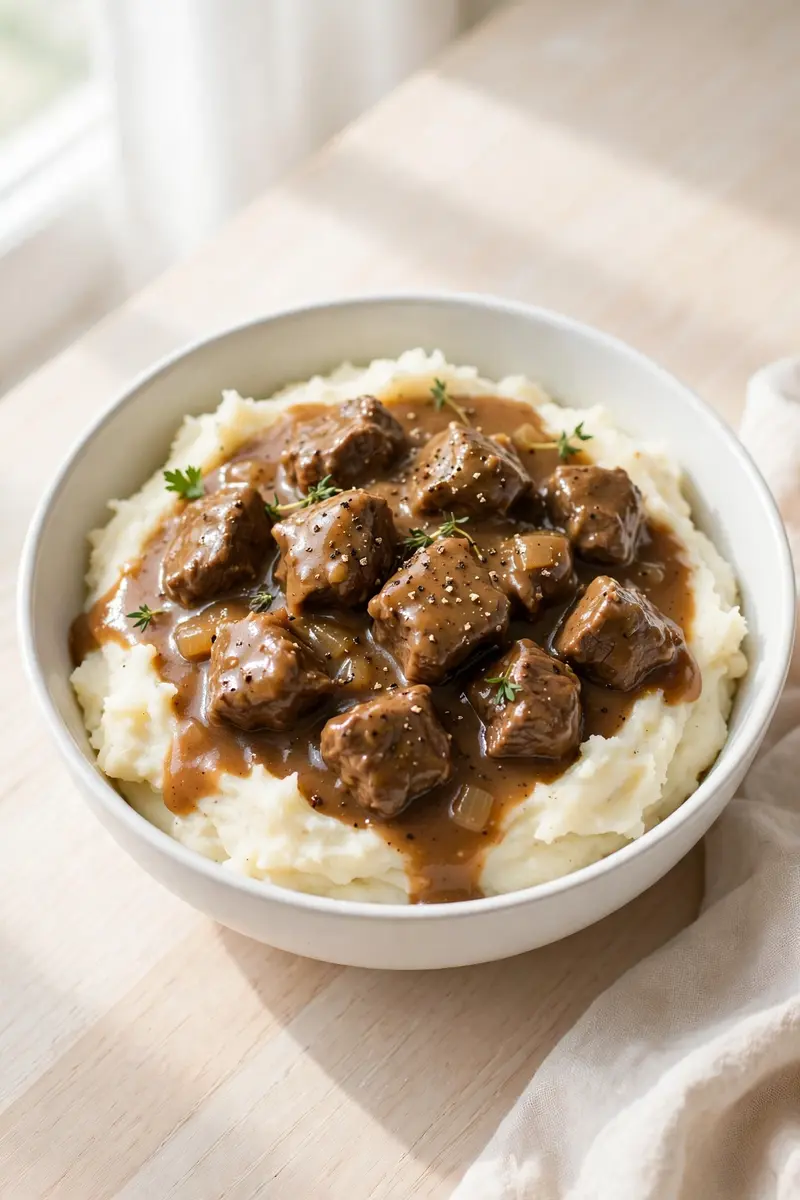 Beef tips in classic brown gravy over mashed potatoes