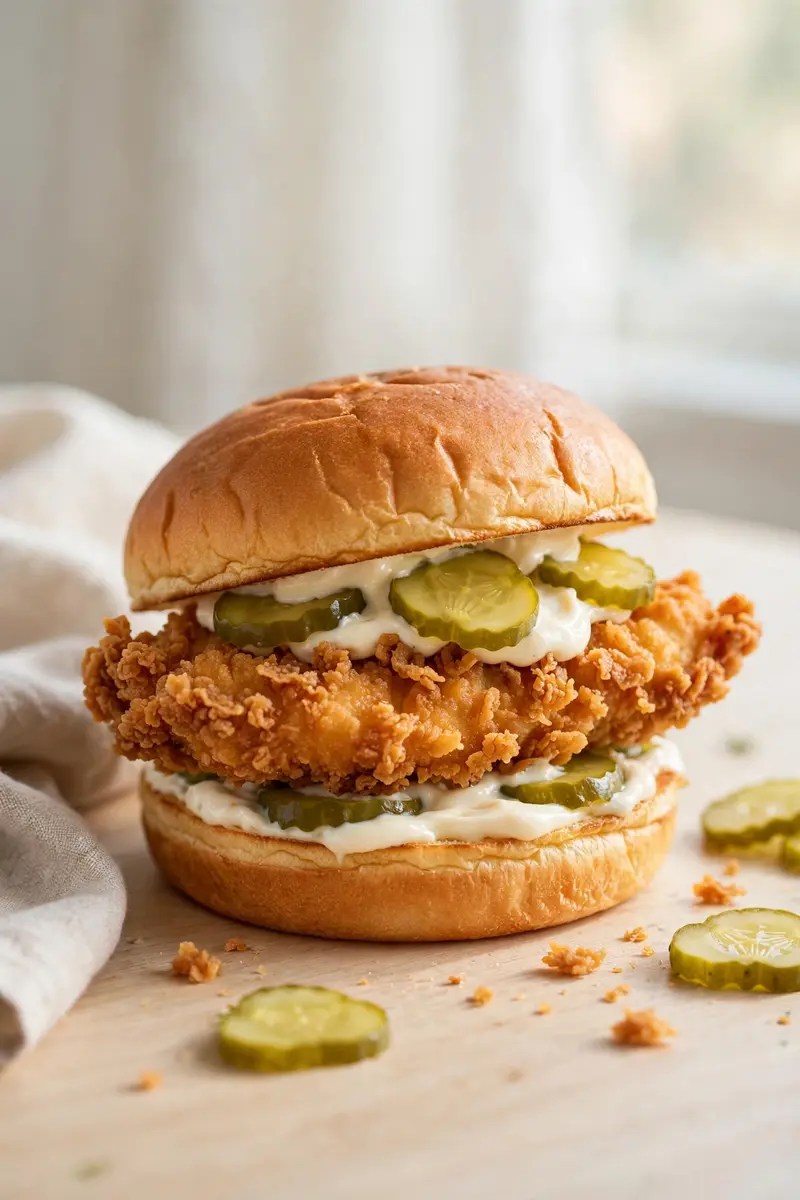 Classic crispy chicken sandwich with golden fried chicken fillet, pickles and mayo on a brioche bun