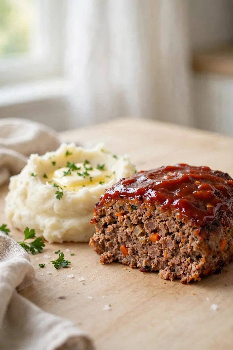 Classic meatloaf slice with ketchup glaze beside mashed potatoes