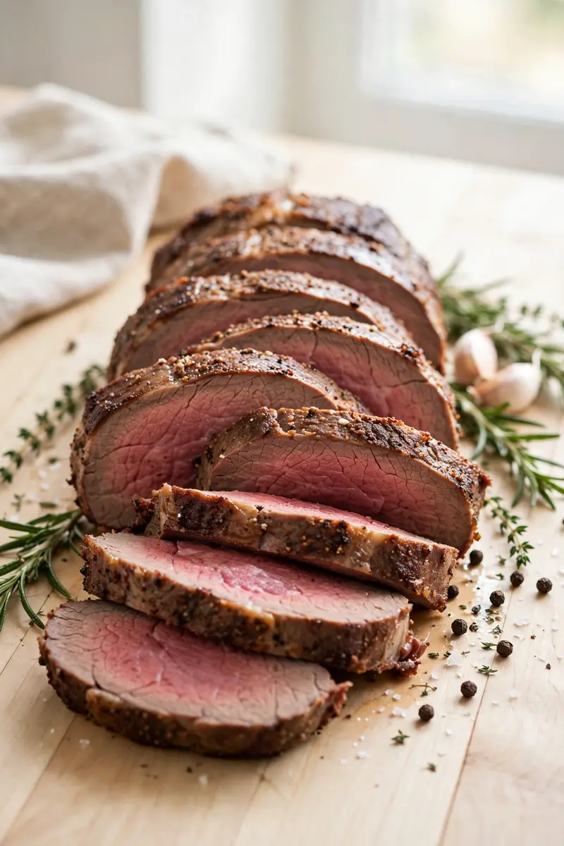 Classic roast beef tenderloin with deep brown crust, sliced on a plate
