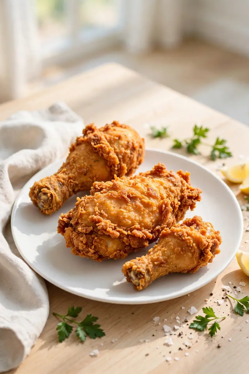 Classic Southern fried chicken with golden crispy crust on a plate