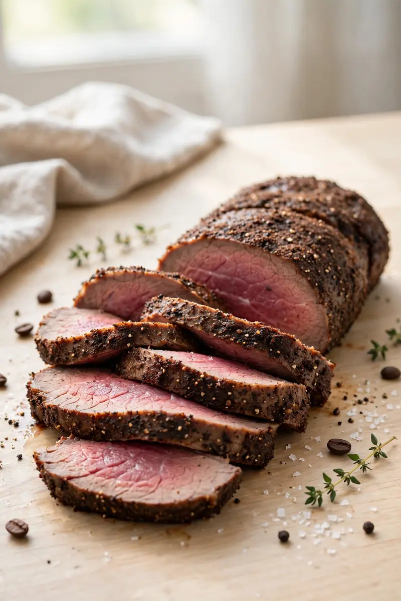 Coffee rubbed beef tenderloin with dark savory crust, sliced