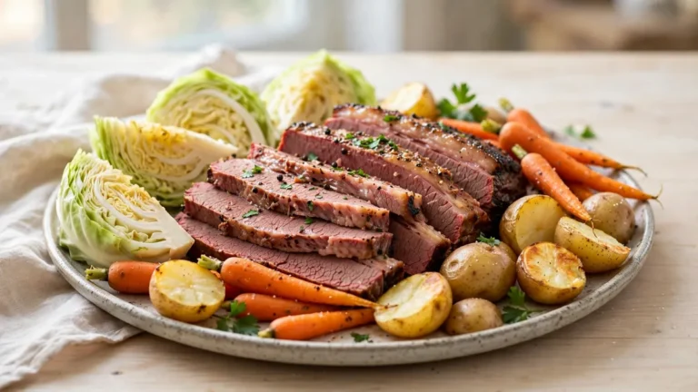Sliced corned beef brisket on a platter with cabbage, carrots, and potatoes