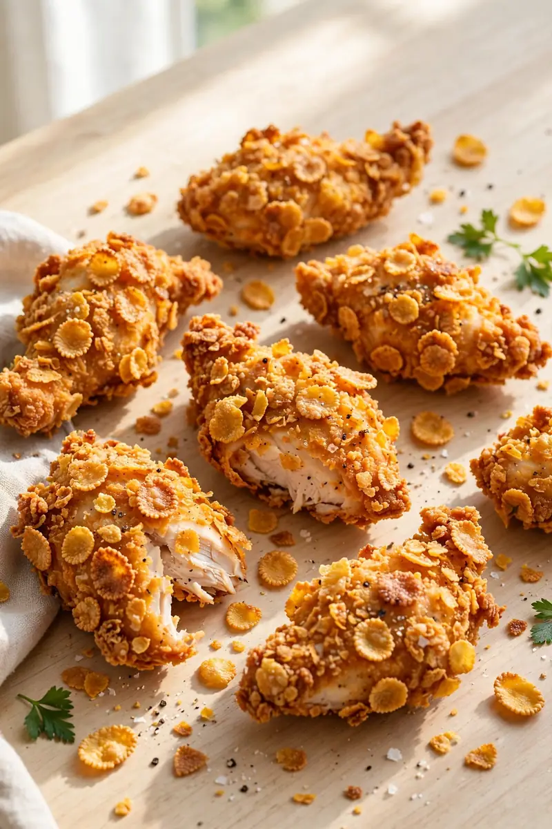 Cornflake crusted fried chicken with extra crunchy toasted coating
