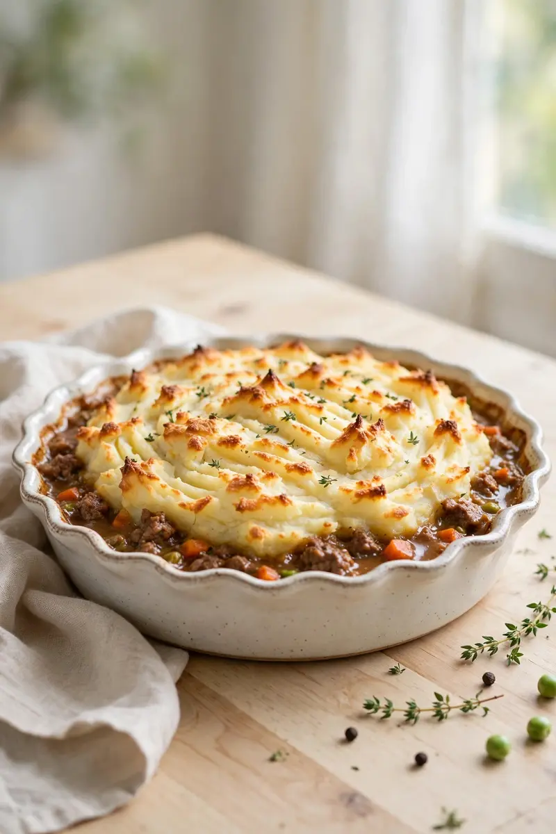 Cottage pie with beef mince base and fluffy mashed potato top