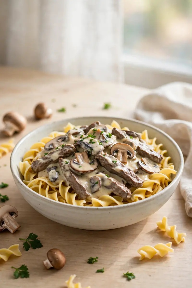 Creamy beef stroganoff tips with mushrooms over egg noodles