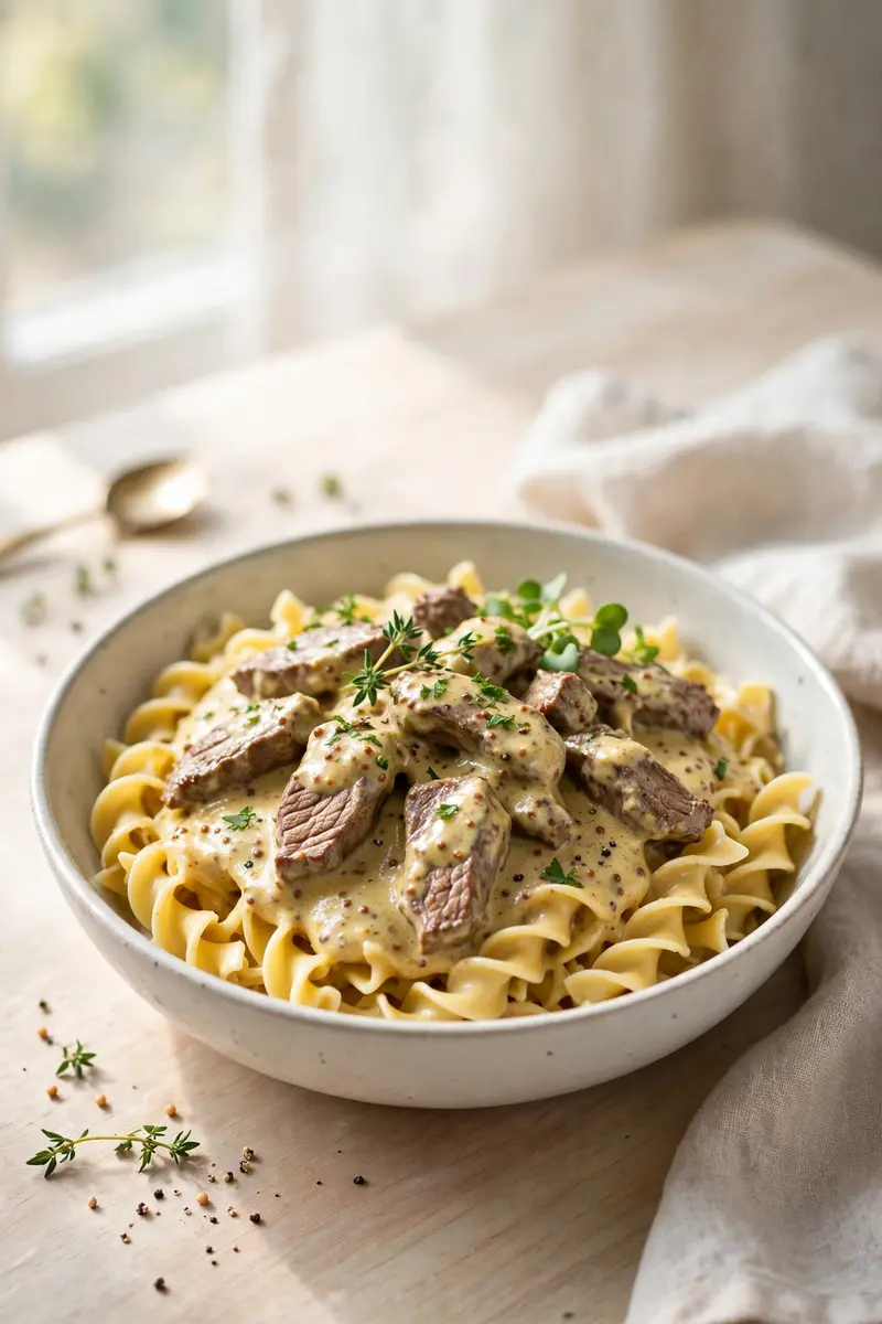 Creamy Dijon beef tips in tangy mustard sauce over egg noodles