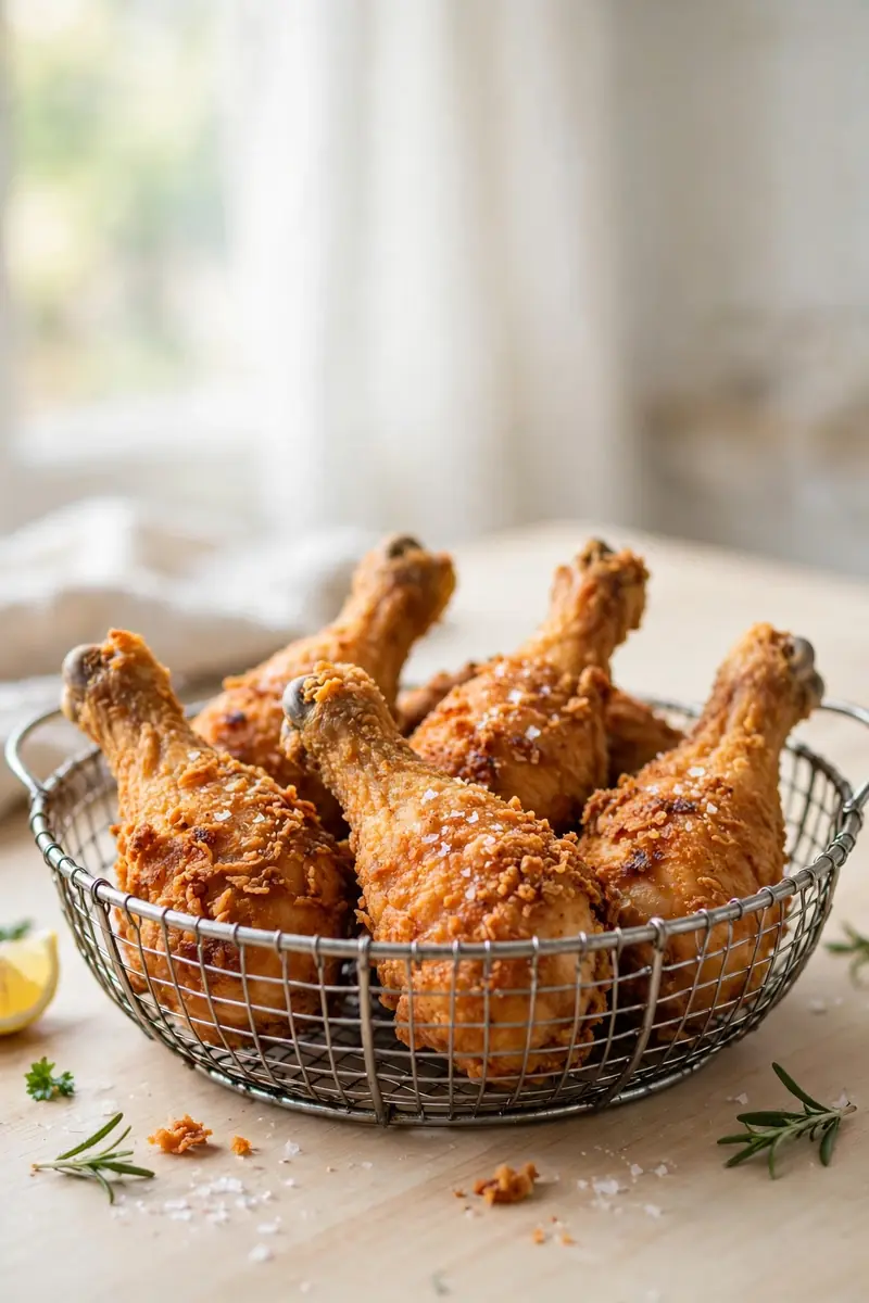 Crispy air fryer chicken legs with golden crunchy skin in a wire basket