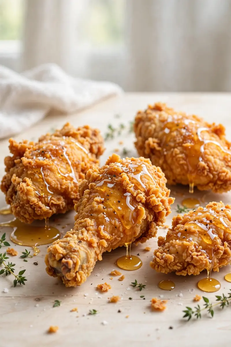 Crispy buttermilk fried chicken with craggy golden coating and honey drizzle