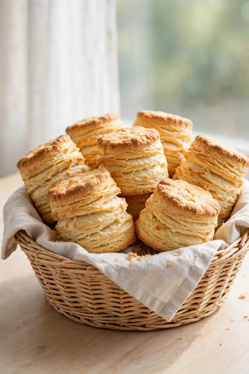 Flaky buttermilk biscuits in a basket