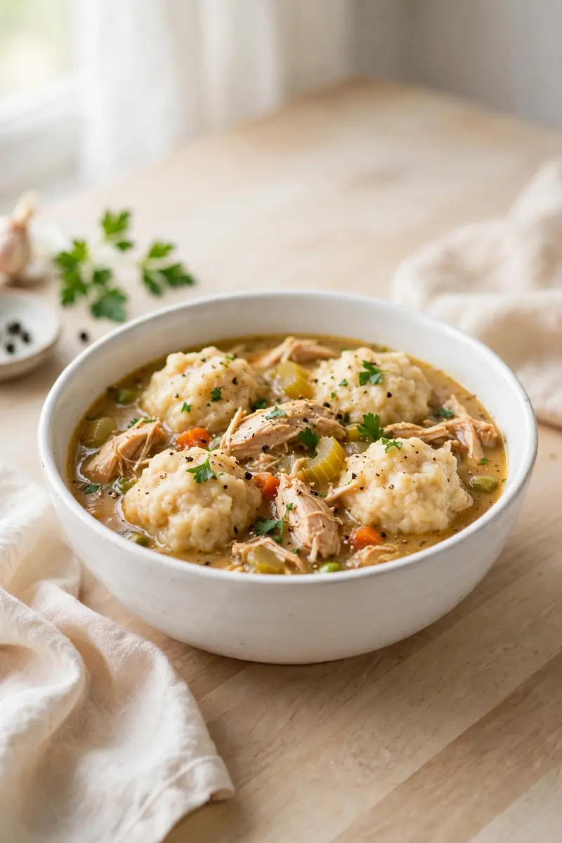 Chicken and dumplings stew in a white bowl