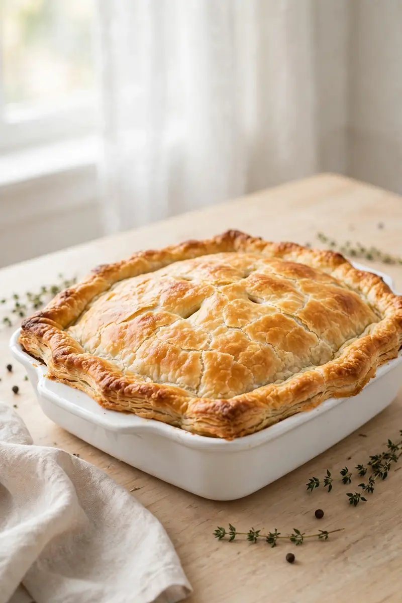 Golden chicken pot pie with flaky crust