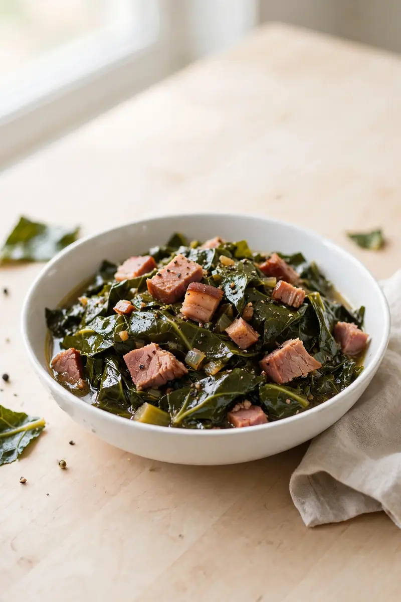 Slow-cooked collard greens with smoked ham
