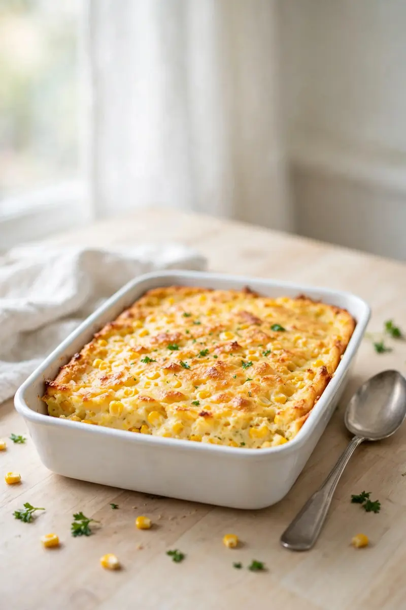Corn pudding casserole in a baking dish