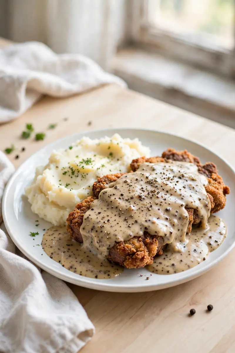 Country fried steak smothered in pepper gravy