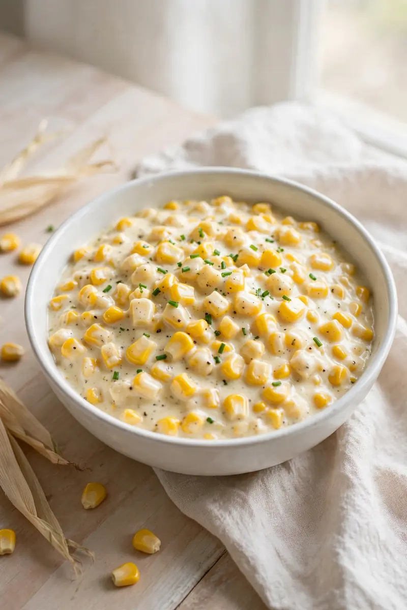 Southern creamed corn in a white bowl