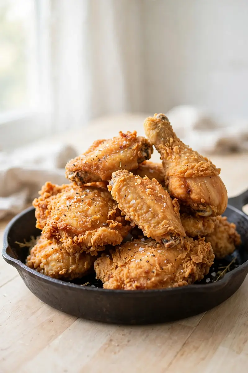 Buttermilk fried chicken in a cast iron skillet