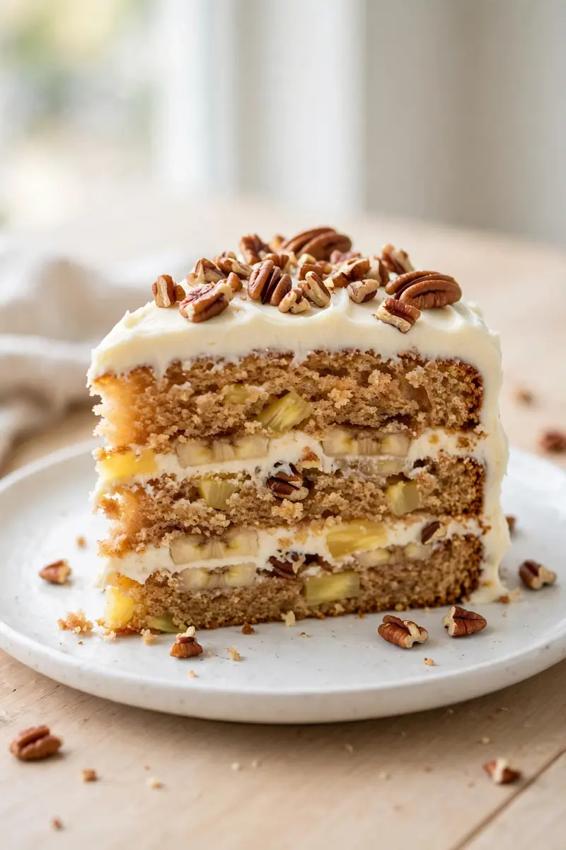 Slice of hummingbird cake with cream cheese frosting