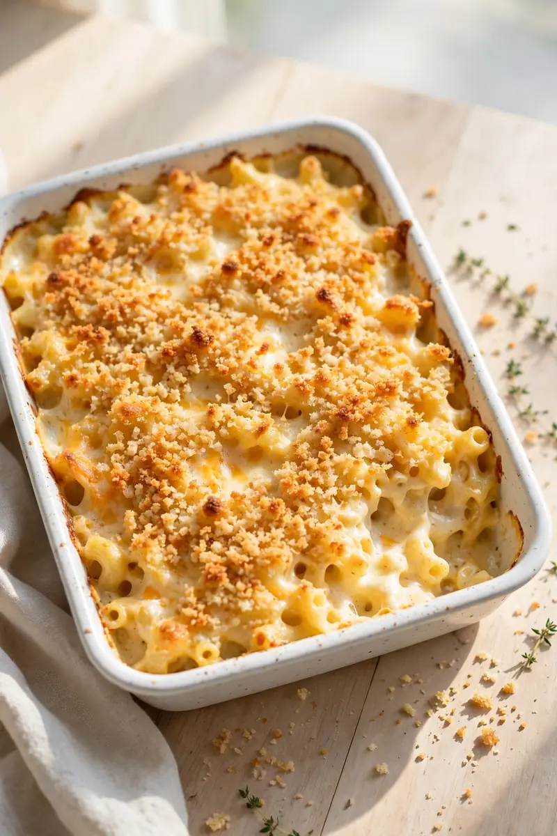 Baked Southern mac and cheese with breadcrumb topping