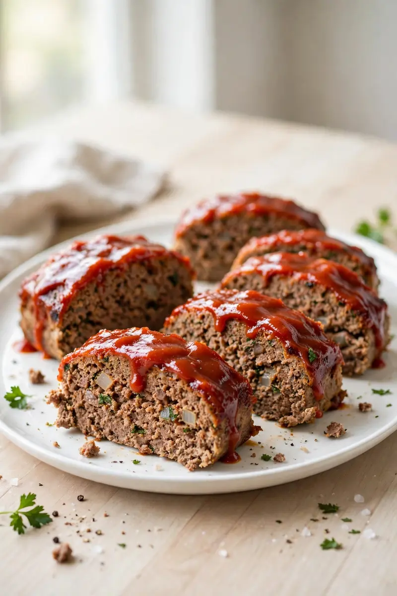 Sliced homestyle meatloaf with tomato glaze