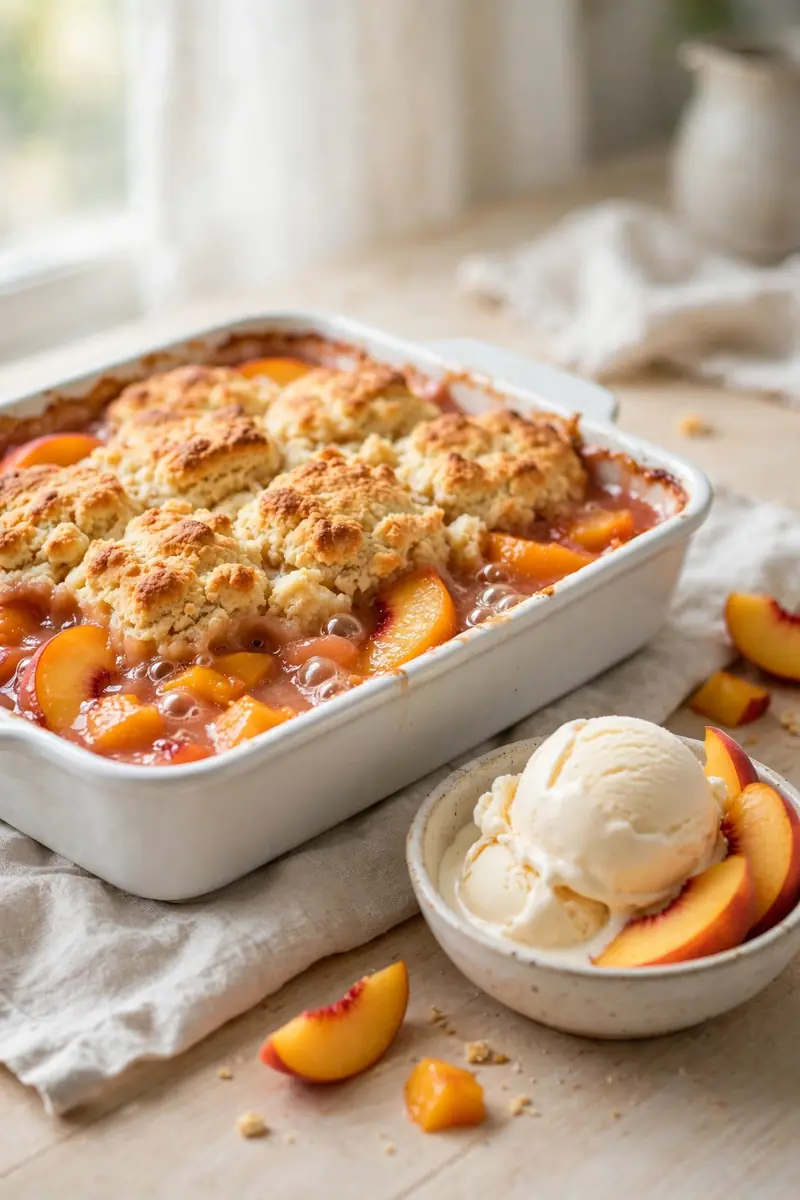 Peach cobbler with biscuit topping and vanilla ice cream