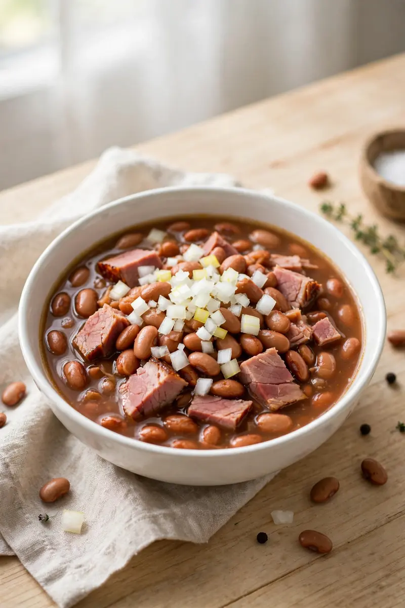 Pinto beans with smoked ham in a bowl