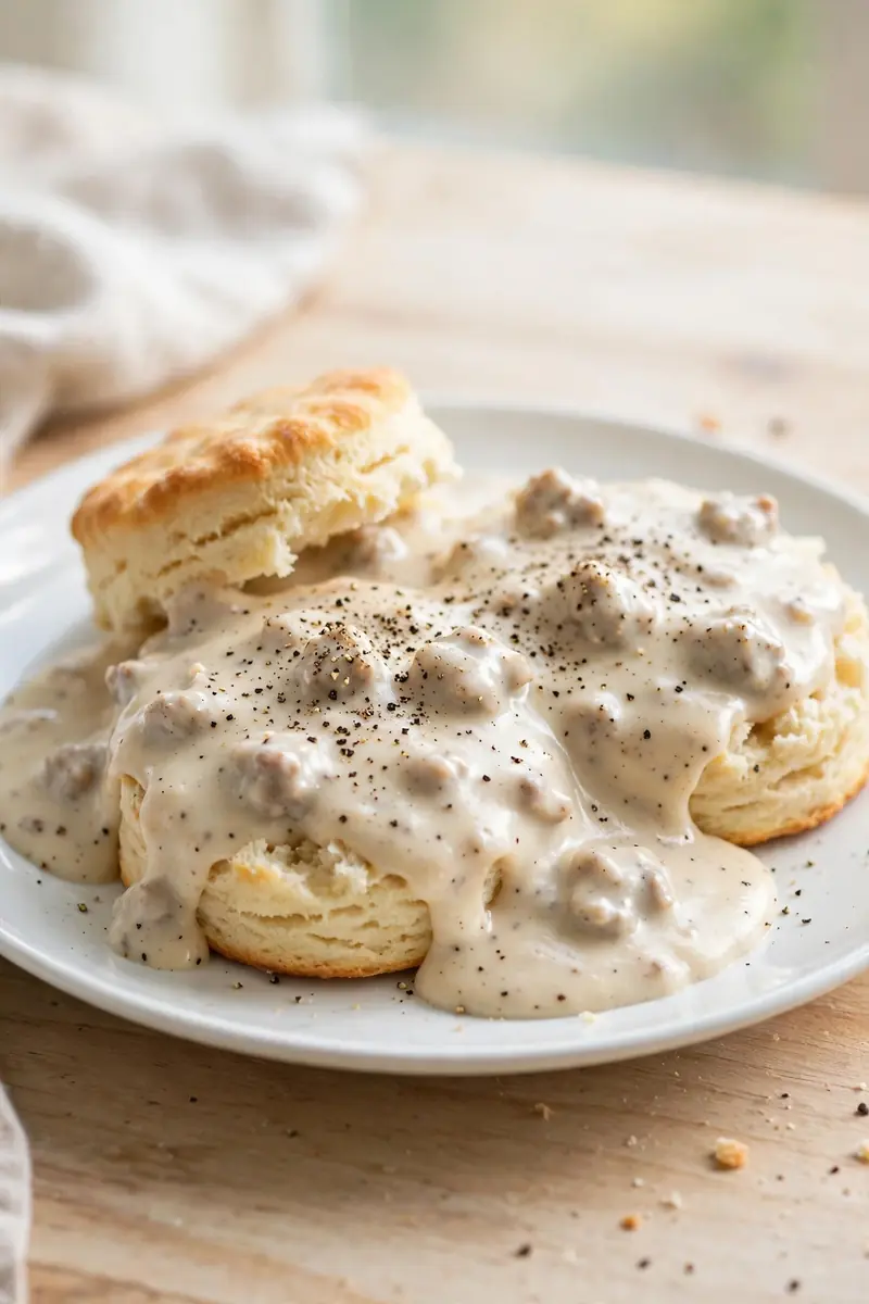 Buttermilk biscuits smothered in sausage gravy