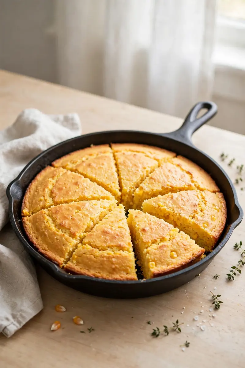 Cast iron skillet cornbread cut into wedges