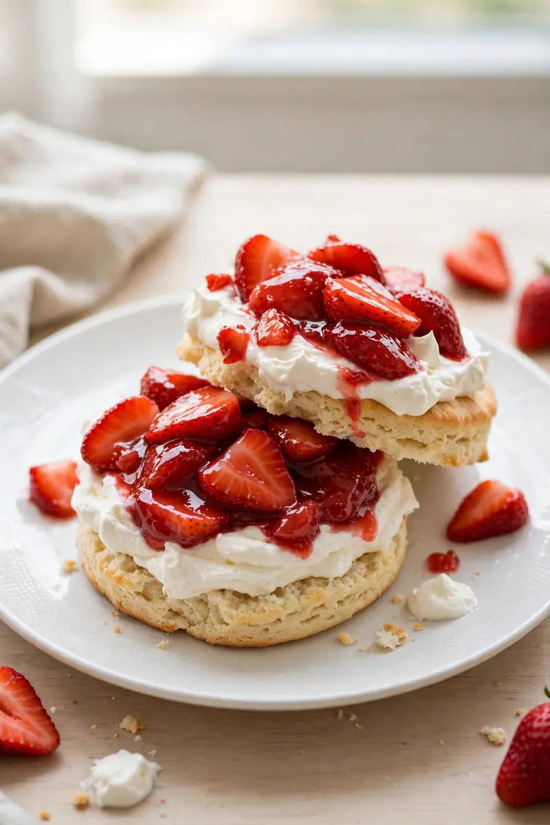 Strawberry shortcake with biscuit, berries, and whipped cream