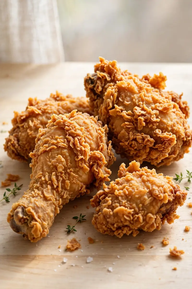 Double dredged crispy fried chicken with thick craggy golden crust