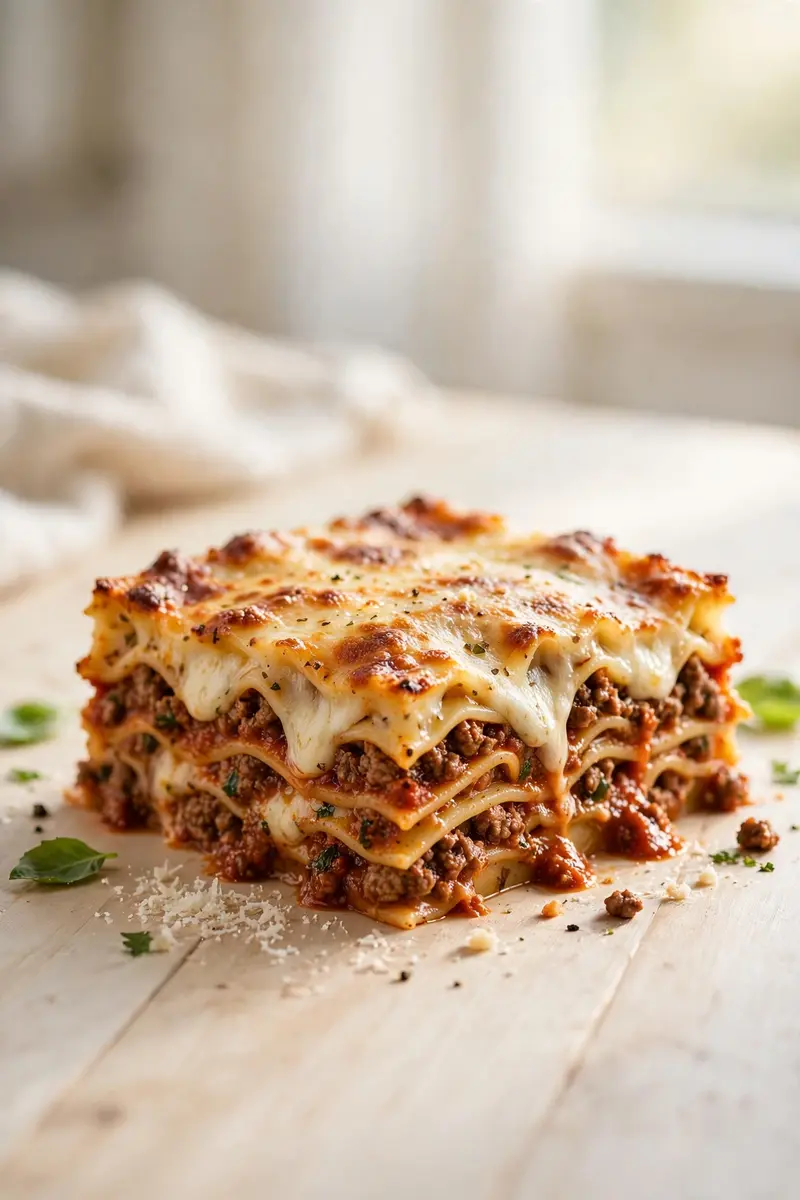 Beef lasagna slice with layers of pasta, beef ragu and melted cheese