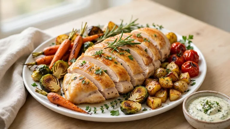 Golden sliced chicken breast with roasted vegetables on a platter