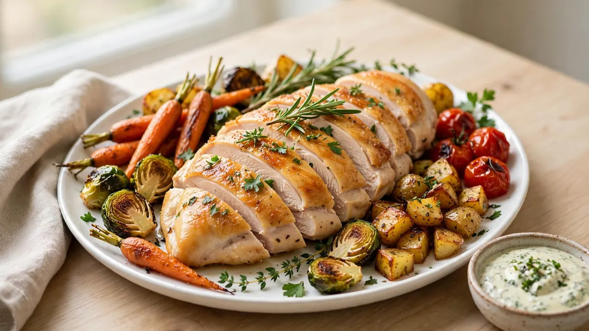 Golden sliced chicken breast with roasted vegetables on a platter