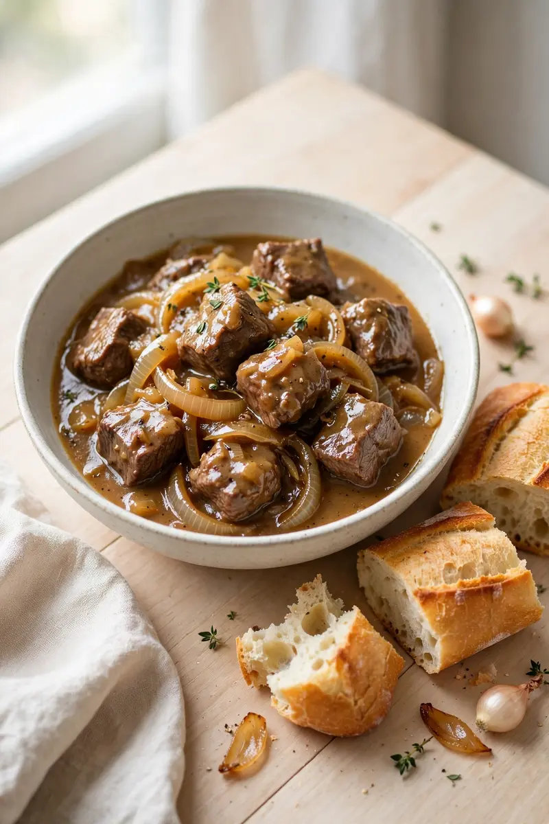 French onion beef tips in rich onion gravy with crusty bread