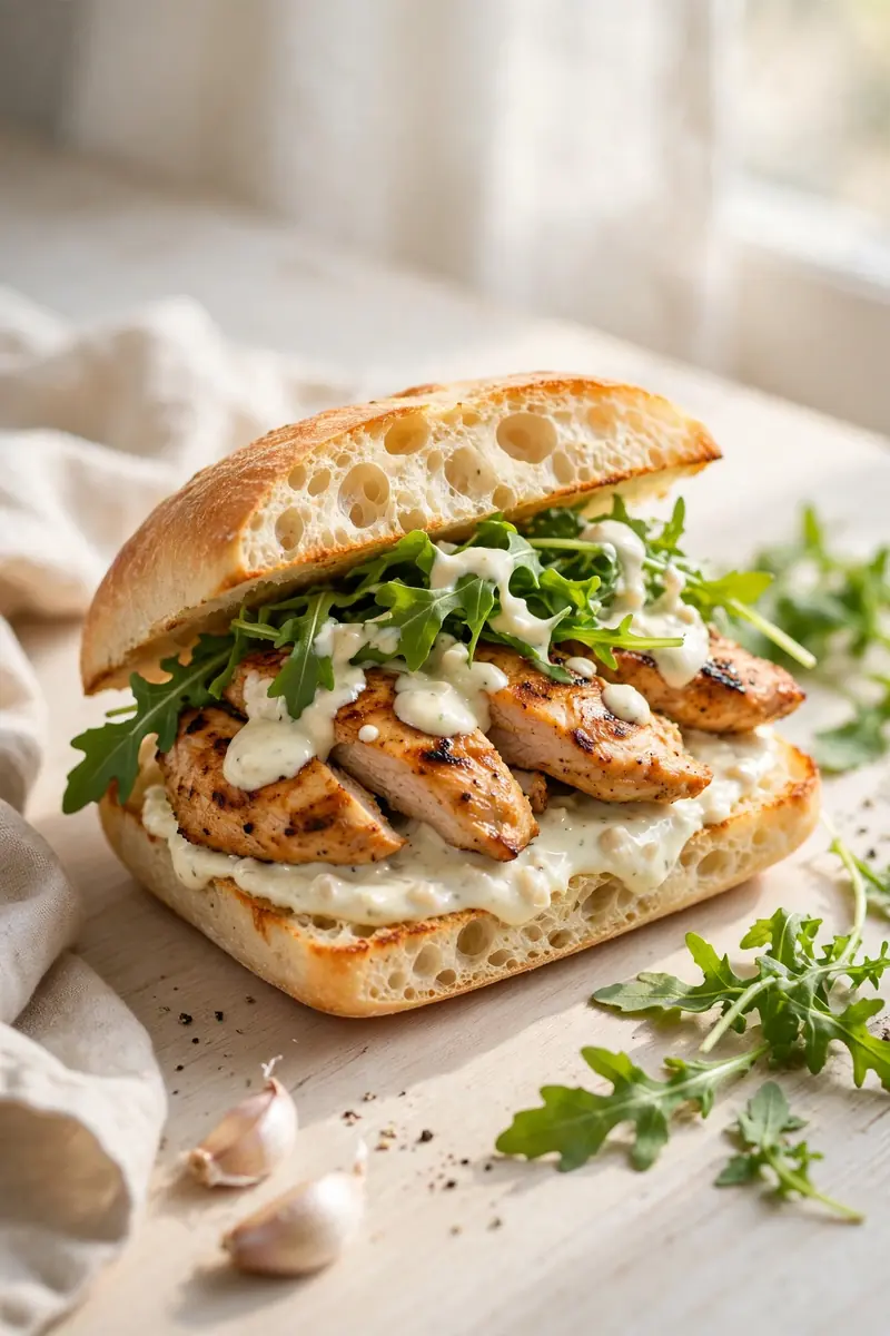 Garlic aioli chicken sandwich with grilled chicken, arugula and creamy garlic sauce on ciabatta