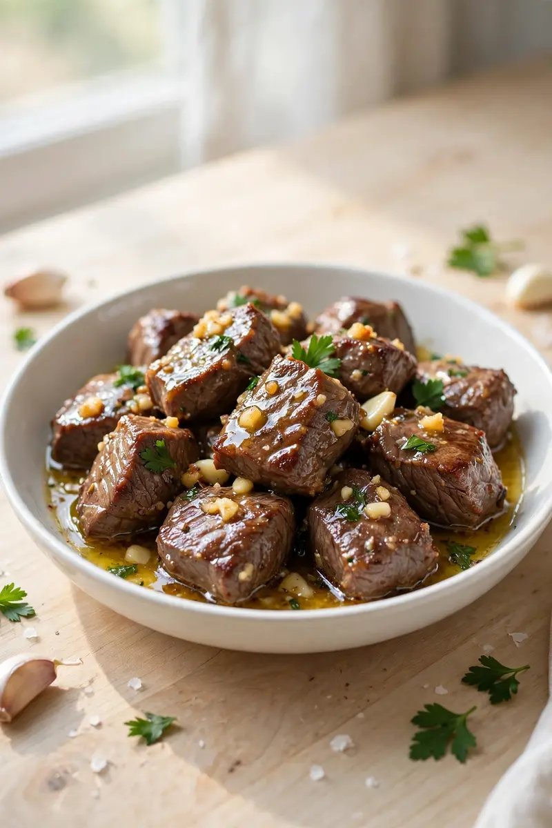 Garlic butter beef tips in a white bowl