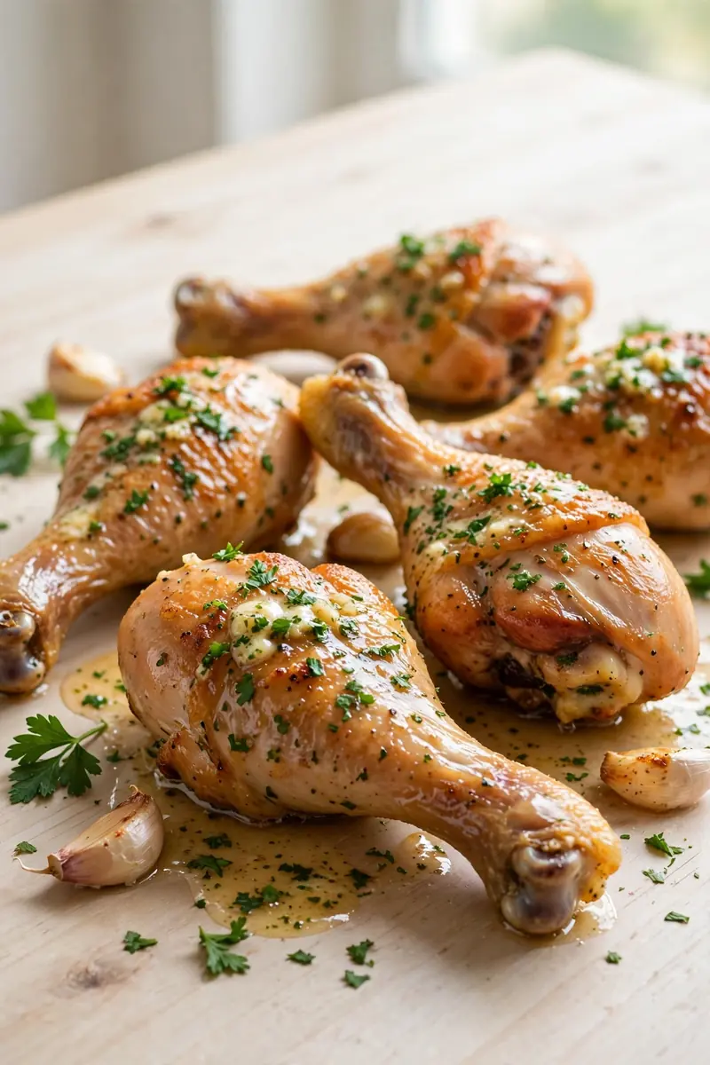 Garlic butter chicken legs basted with melted garlic butter and parsley