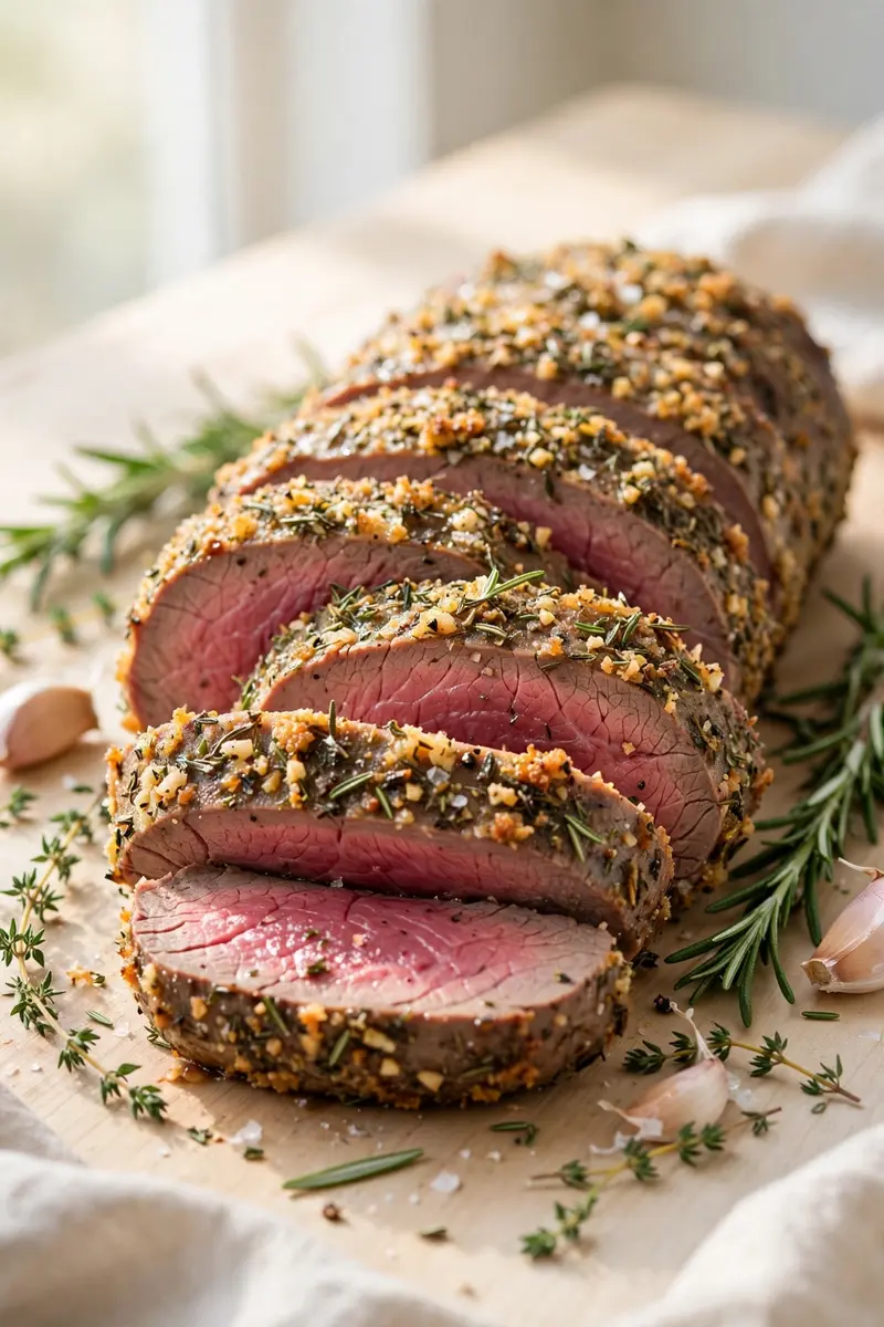 Garlic herb crusted beef tenderloin with rosemary and thyme, sliced