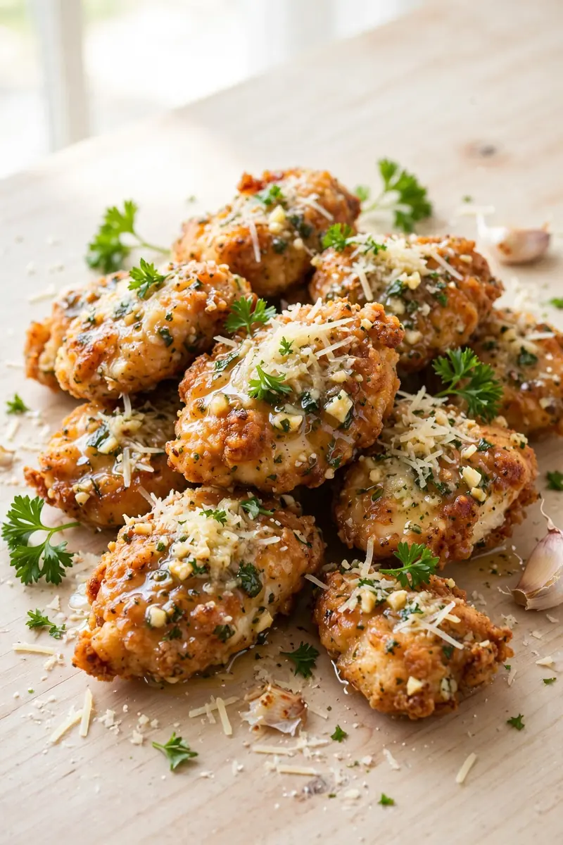 Garlic parmesan fried chicken tossed in garlic butter with grated parmesan