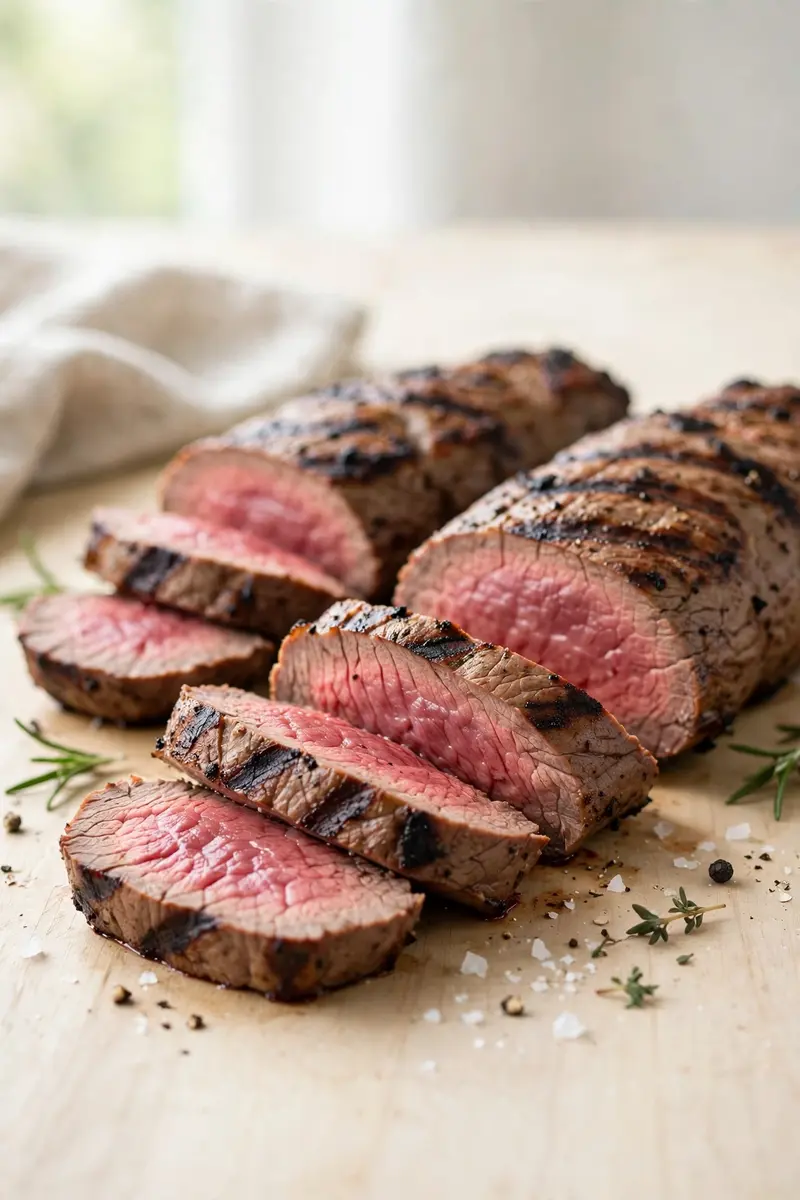 Grilled beef tenderloin with char marks, sliced