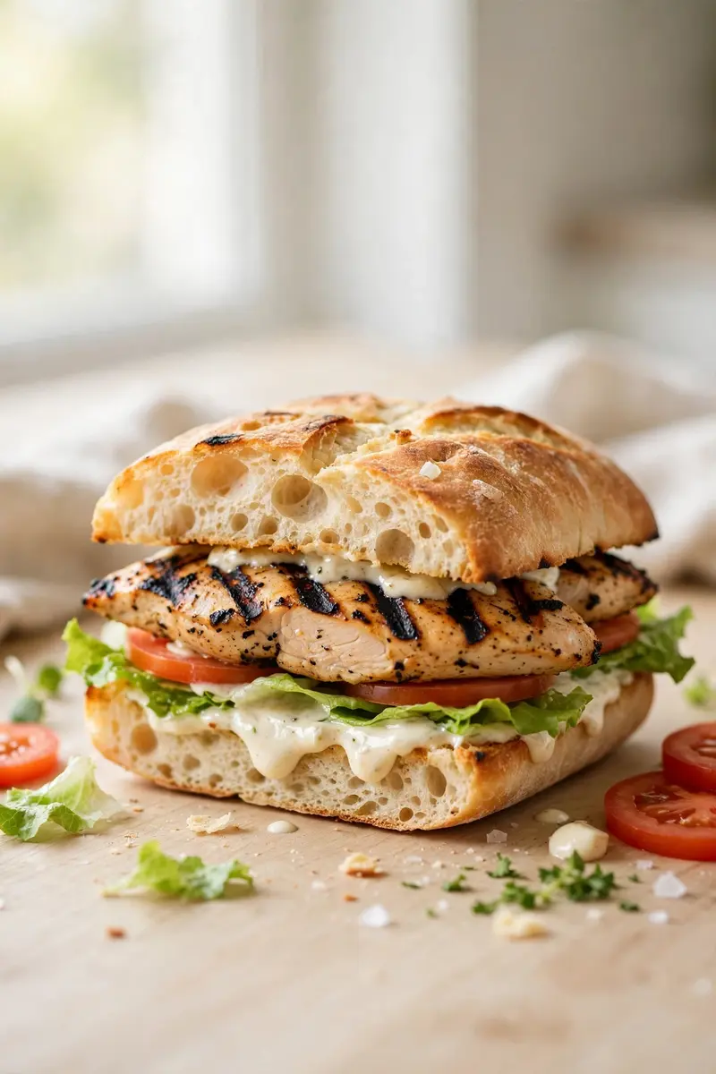 Grilled chicken sandwich with char marked chicken breast, lettuce, tomato and garlic aioli on ciabatta