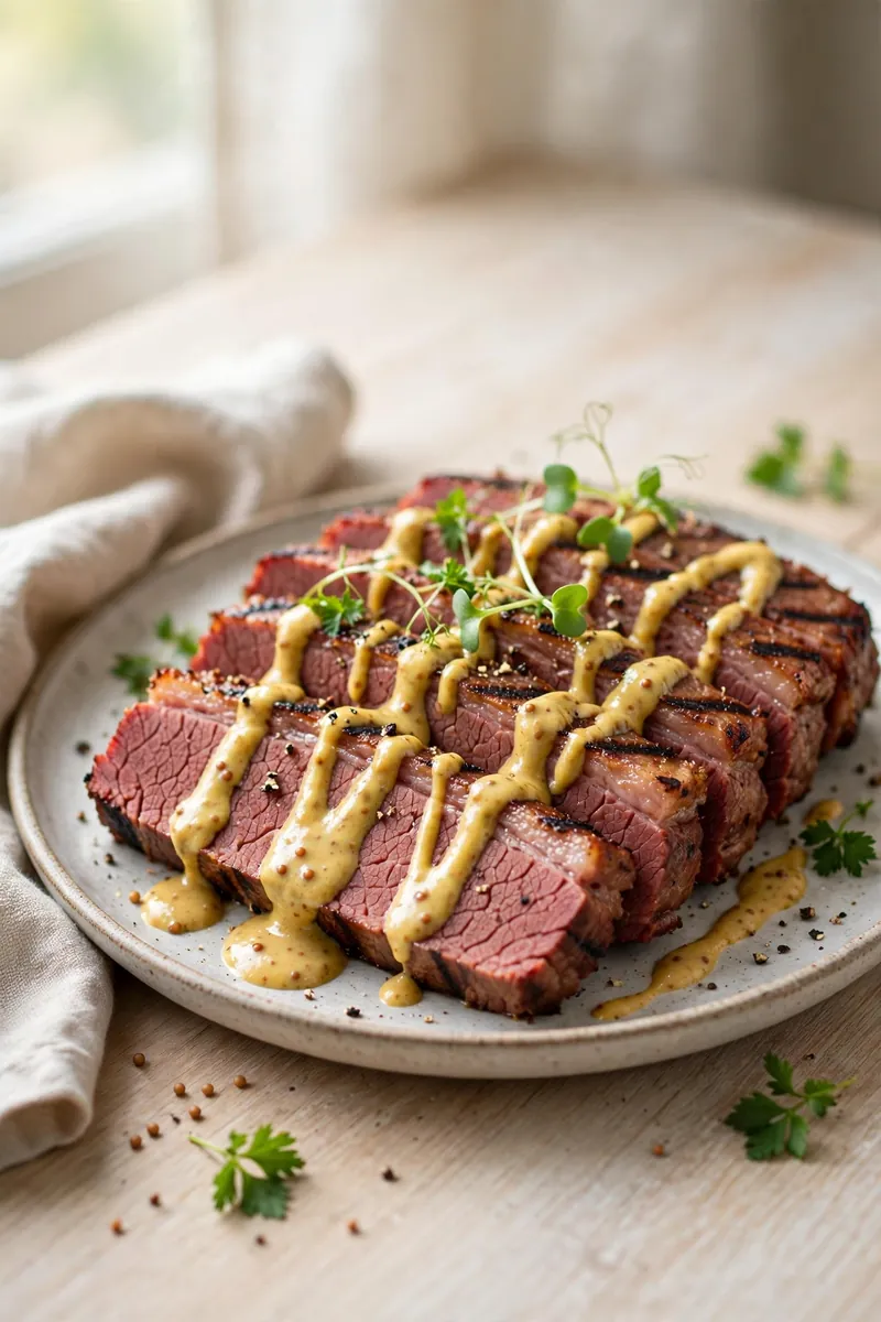 Grilled Corned Beef with Mustard Sauce
