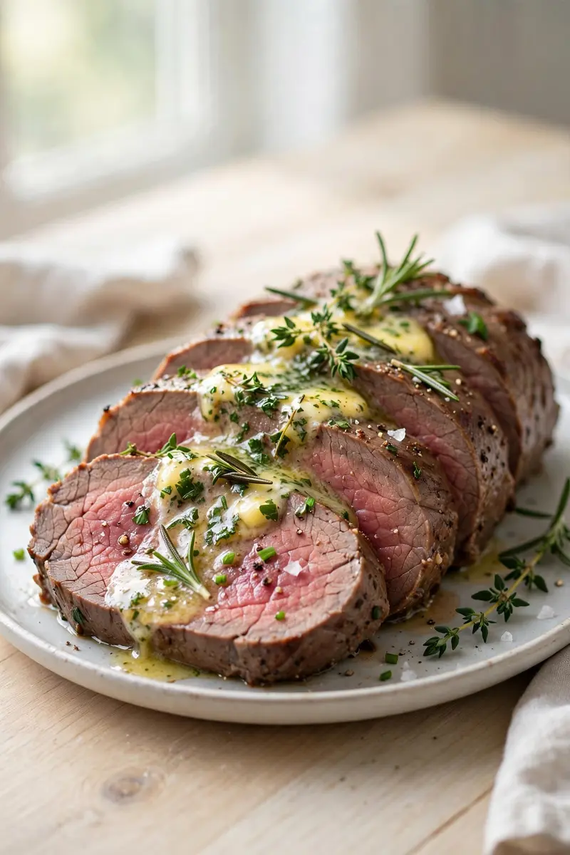 Roast beef tenderloin with melting herb butter, sliced