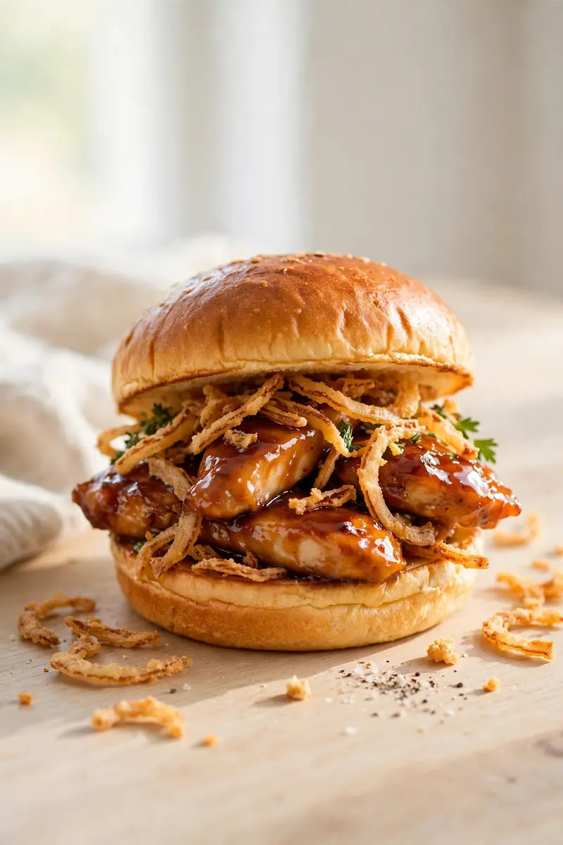 Honey BBQ chicken sandwich with lacquered chicken and crispy onions on a brioche bun