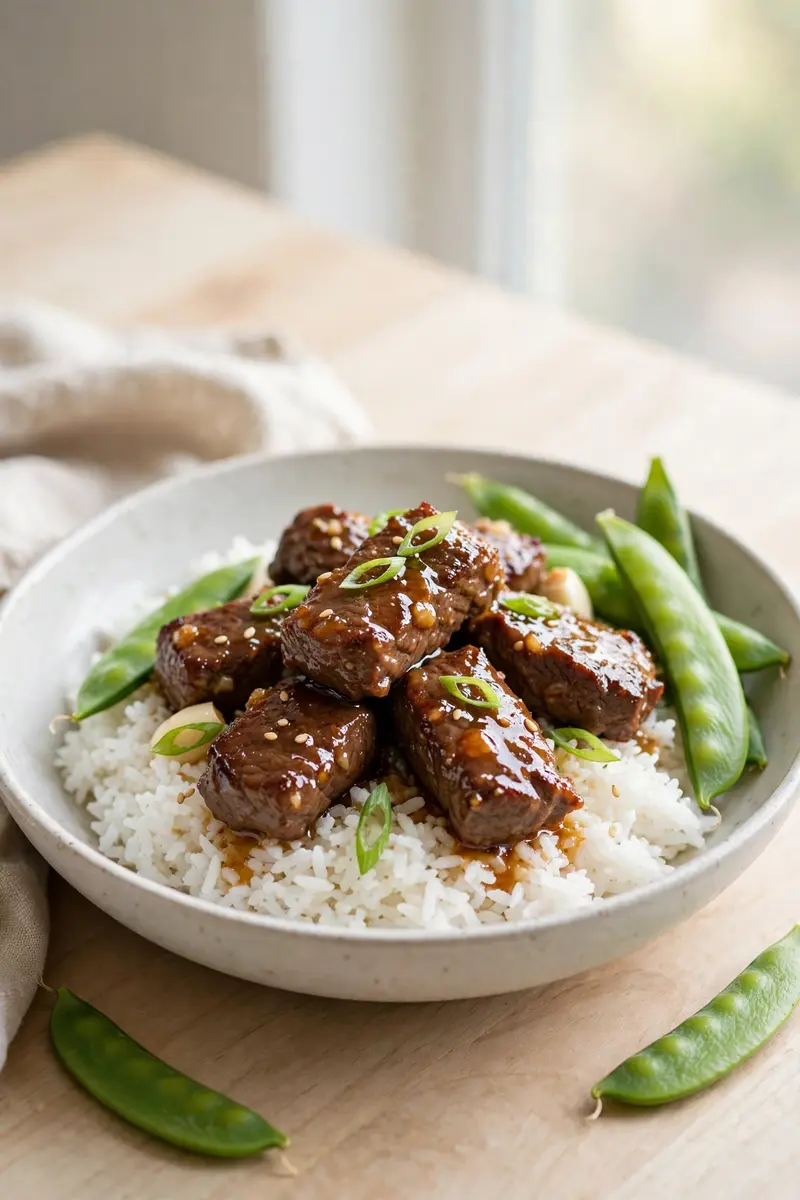 Honey garlic beef tips with glossy glaze over rice