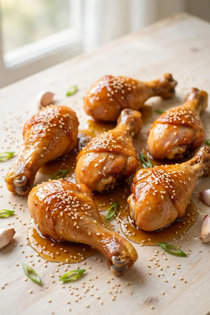 Honey garlic chicken legs with glossy glaze and sesame seeds