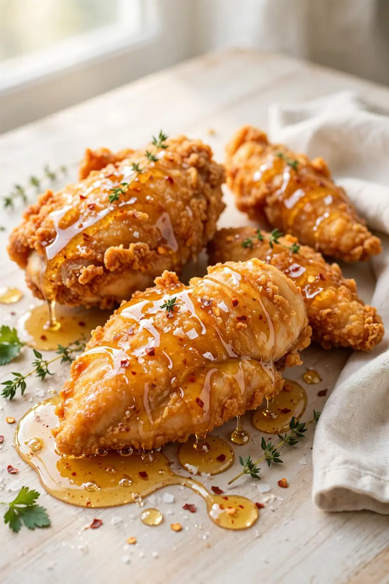 Honey hot fried chicken pieces drizzled with hot honey
